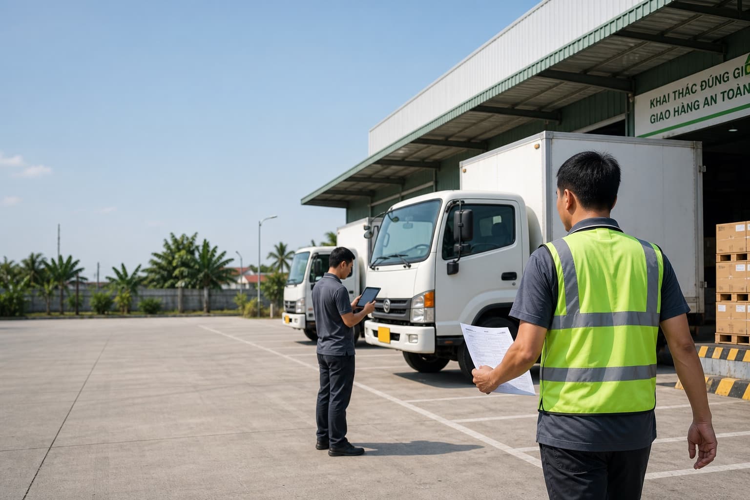 Sân bãi kho hàng vào ban ngày, xe tải đỗ chờ xếp hàng